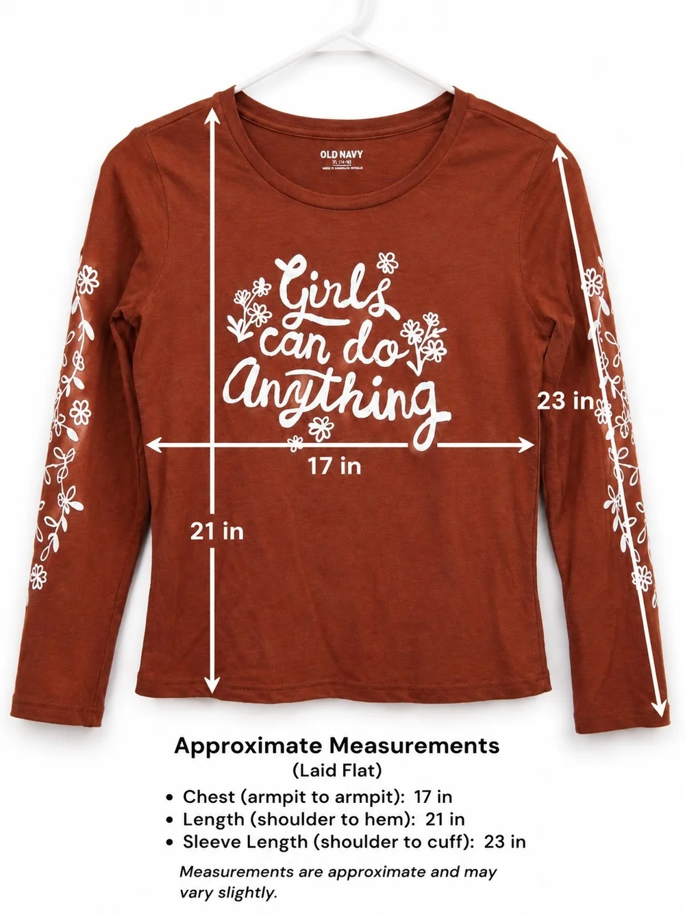 Old Navy Girls Long-Sleeve Tee in Rust with White Floral Script XL 14-16